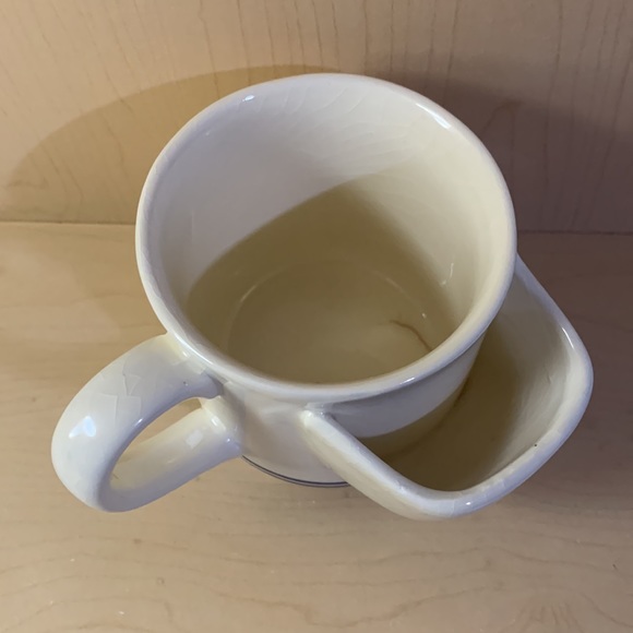 Stoneware Teacup Mug with Attached Tea Bag Holder White Blue Outline 8oz Vintage - Picture 2 of 7